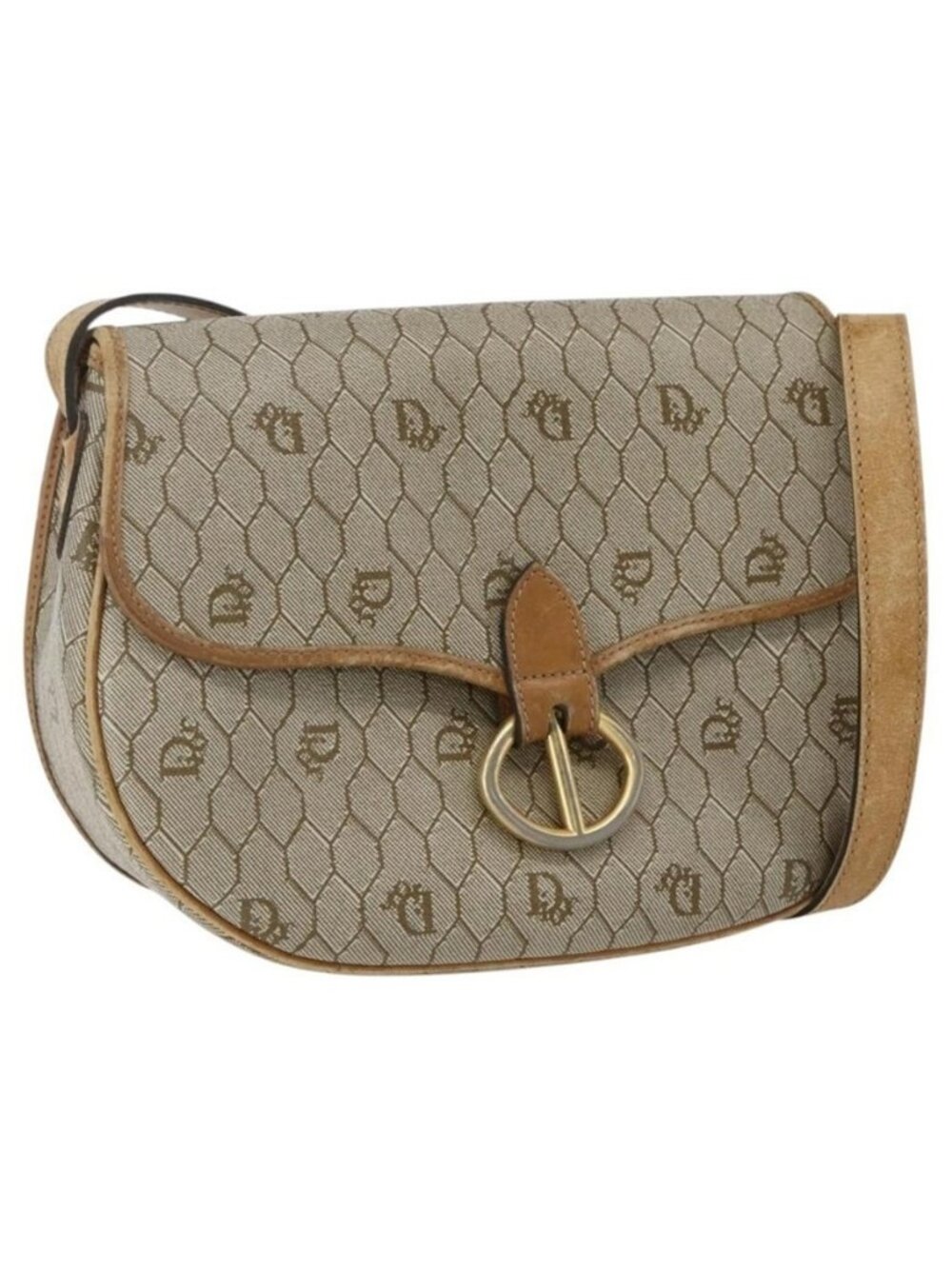 Authentic Christian Dior Honeycomb Canvas Shoulder Bag PVC Beige Gold